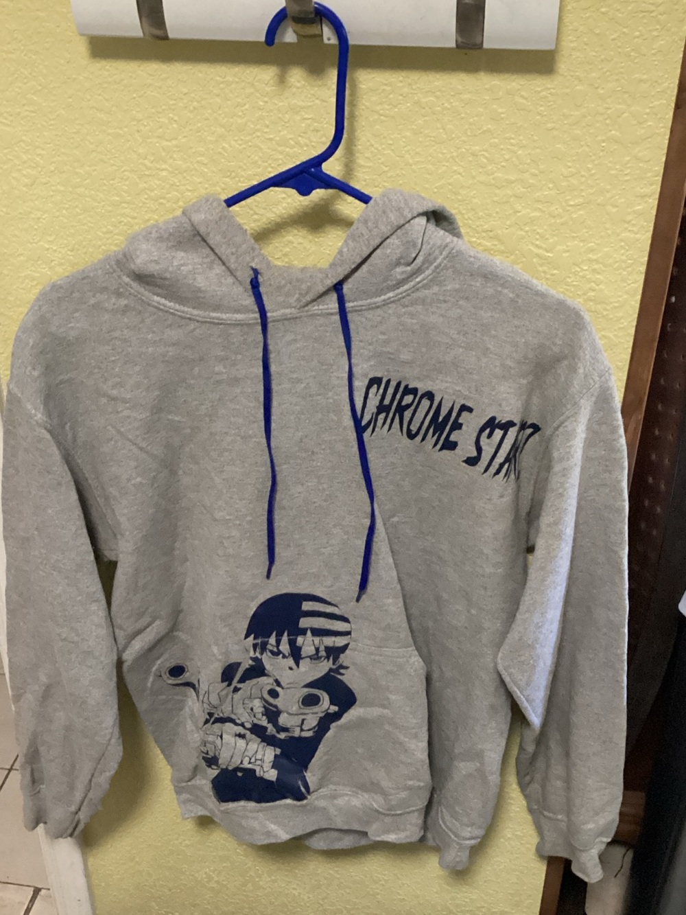 Gildan Gray Hoodie with Navy Graphic and Drawstrings
